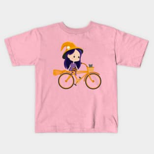 Cute Kawaii Cartoon Witch Riding a Bicycle Kids T-Shirt